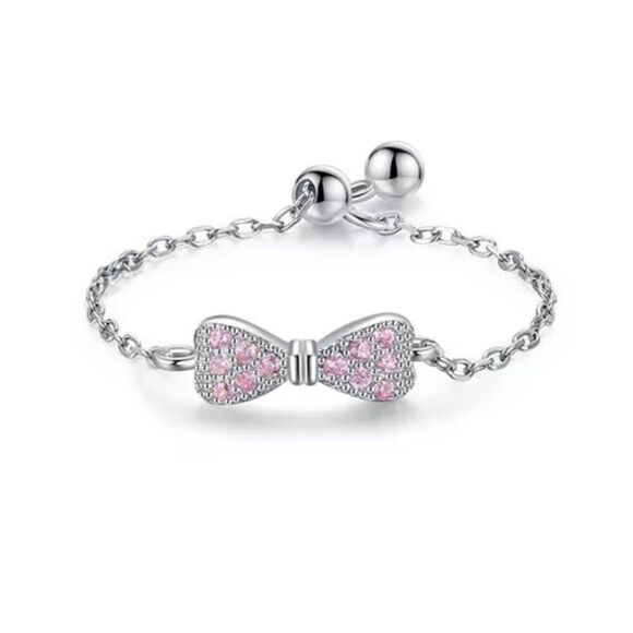 925 Sterling Silver Platinum Plated CZ Pink Bow Chain Ring - Picture 1 of 4